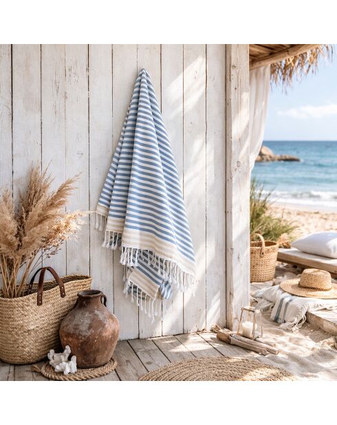 Pareo in cotone Bora Bora fouta storm blu/beige - 100x200 cm