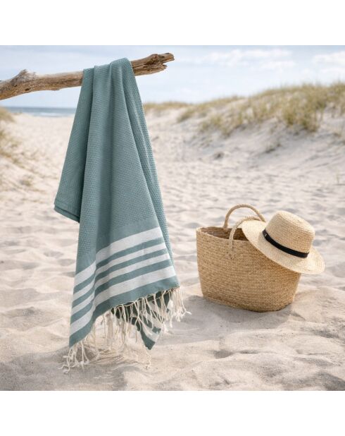 Hamptons Fouta aus Baumwolle mit Wabenmuster Salbeigrün/Silber - 100x200 cm