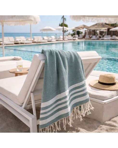 Hamptons Fouta aus Baumwolle mit Wabenmuster Salbeigrün/Silber - 100x200 cm