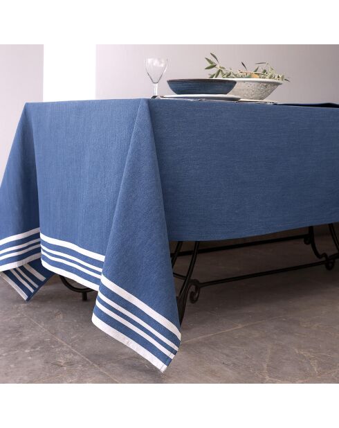 Mantel y 4 servilletas Mahdia Greek de algodón azul, 150 x 250 cm