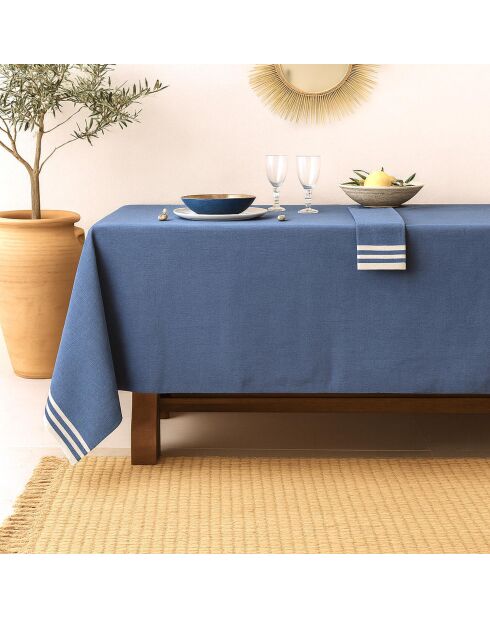 Mantel y 4 servilletas Mahdia Greek de algodón azul, 150 x 250 cm