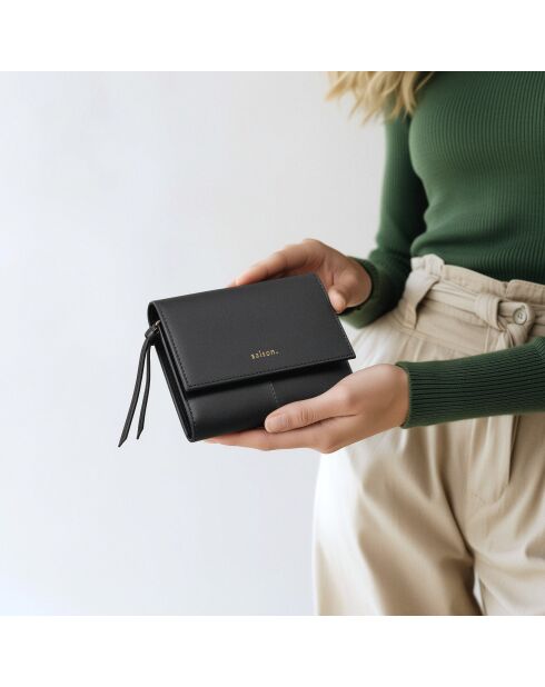 Portefeuille Emilie en cuir noir - 13x10x2 cm