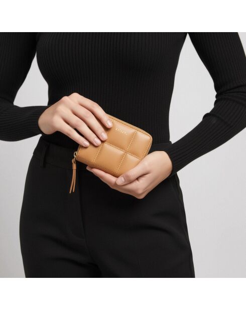 Portefeuille Coco en cuir camel - 11x9x3 cm