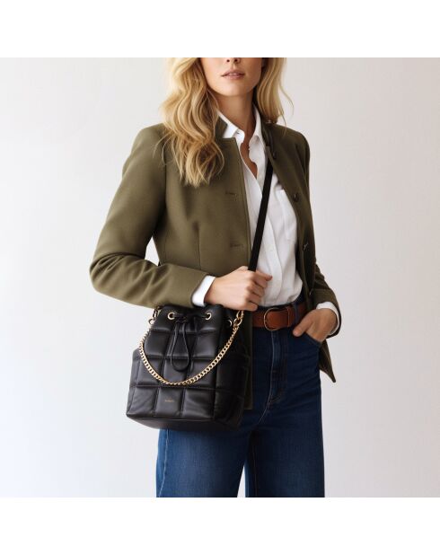 Ninon Beuteltasche aus schwarzem Leder, 25,2 x 20,4 x 13,3 cm