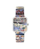 Reine d'Arles Quartz horloge in wit, blauw en geel leer