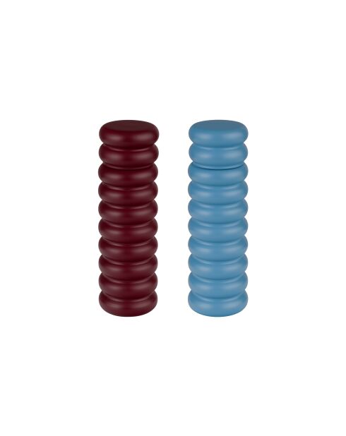 Set de 2 molinillos en madera maciza de haya Suli burdeos y azul - 18x6x6 cm