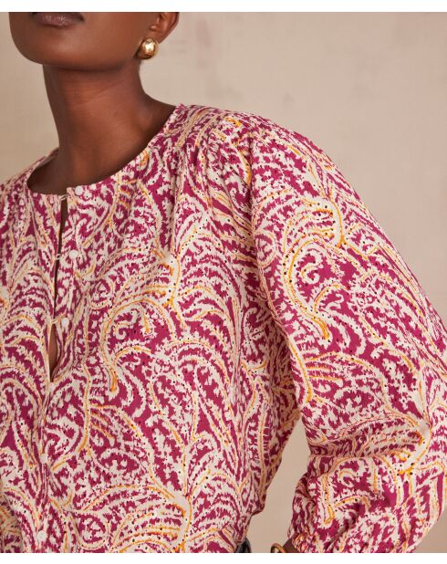 Blouse Sarah en broderie imprimée fuchsia foncé