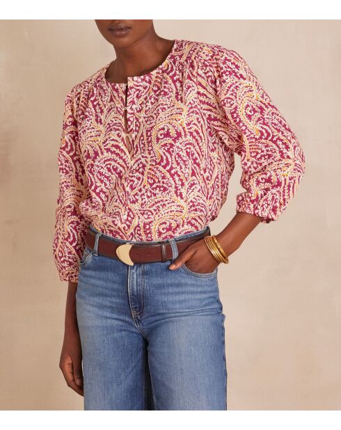 Blouse Sarah en broderie imprimée fuchsia foncé