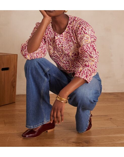 Blouse Sarah en broderie imprimée fuchsia foncé