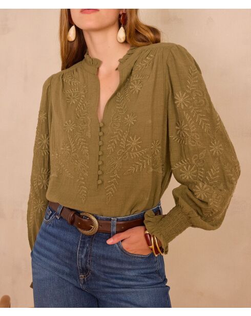 Khakifarbene bestickte Bluse Malia