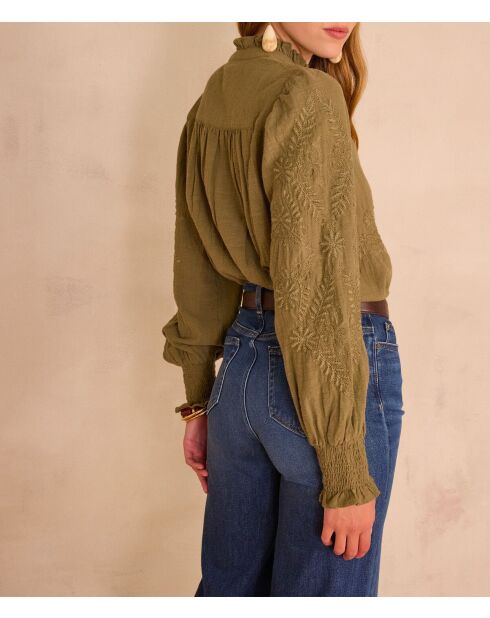 Khakifarbene bestickte Bluse Malia