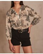 Braune Bluse mit schwarzem Toile de Jouy-Print