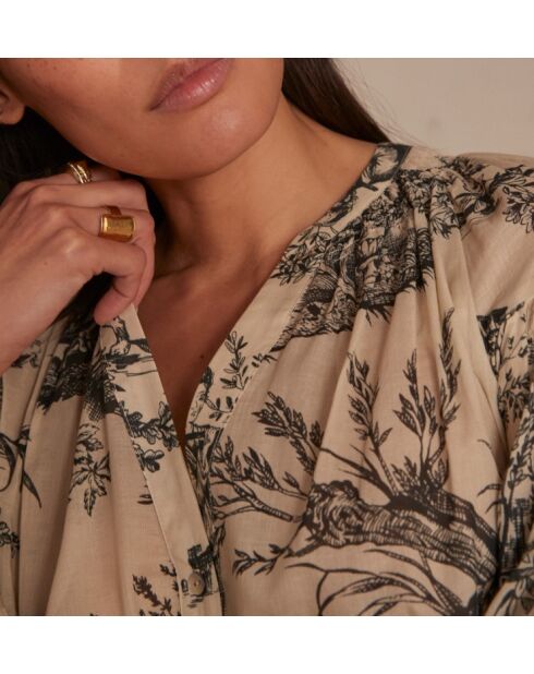 Braune Bluse mit schwarzem Toile de Jouy-Print