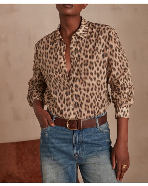 Beigefarbene Bluse Colette mit Leopardenmuster