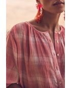 Blusa in tartan corallo con pomme