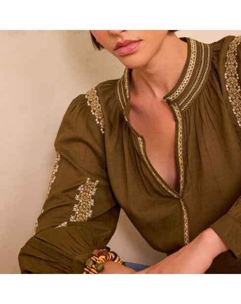 Khakifarbene Bluse Sixtinische Stickerei