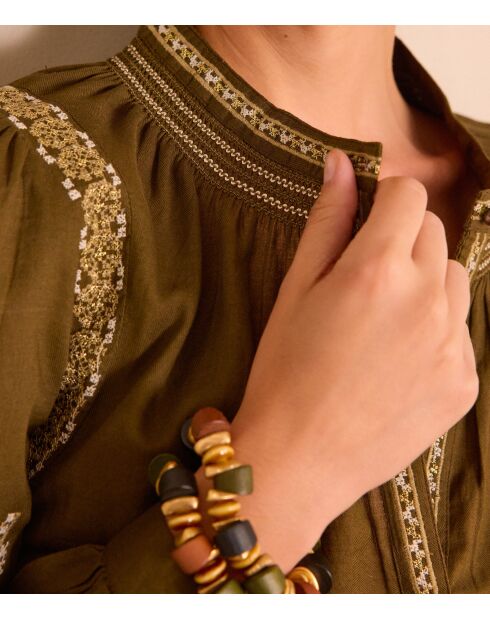 Khakifarbene Bluse Sixtinische Stickerei