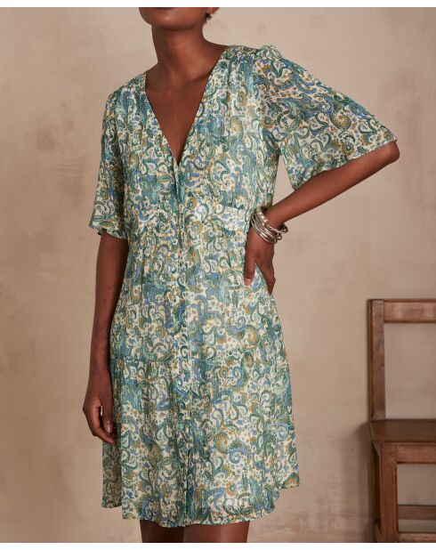 Melba petrolfarbenes Lurex-Kleid mit Aufdruck