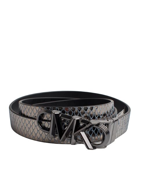 Ceinture fine réversible en cuir métallisé noire et argentée