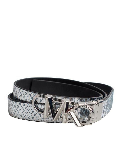 Ceinture fine réversible en cuir métallisé argentée et noire