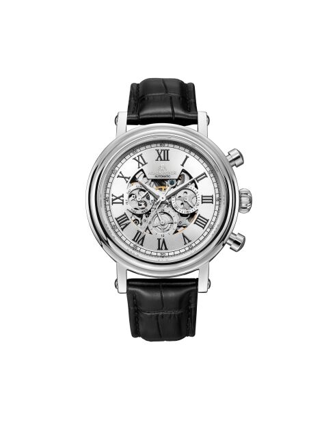 Montre automatique en cuir squelette argenté/noir