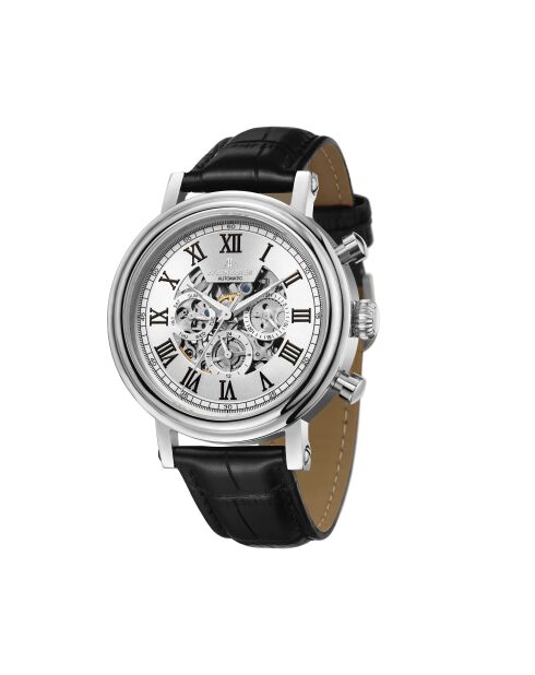 Montre automatique en cuir squelette argenté/noir