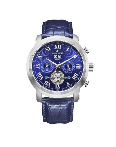 Montre automatique en cuir cyclone argenté/bleu
