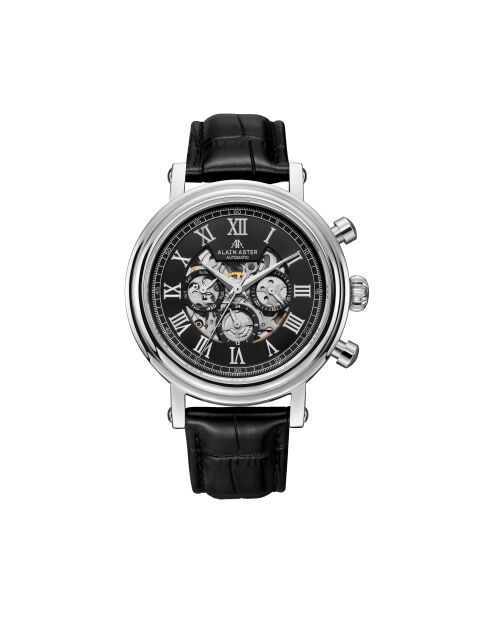 Montre automatique en cuir squelette argenté/noir