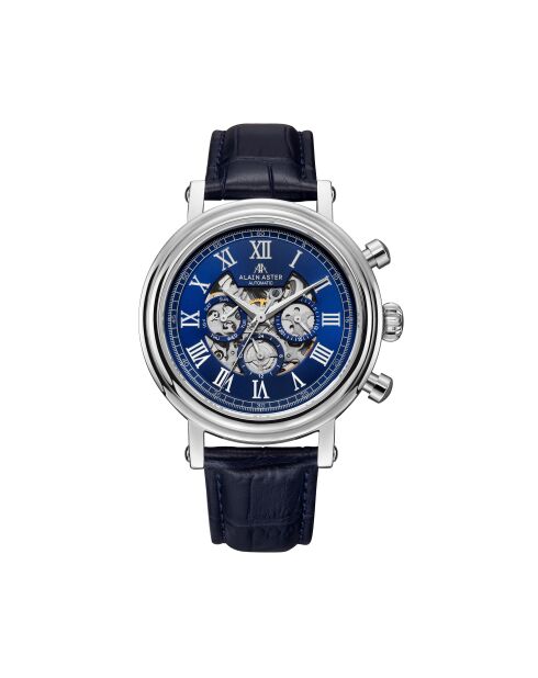 zilver/blauw automatisch horloge van skeletleer