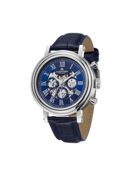 zilver/blauw automatisch horloge van skeletleer