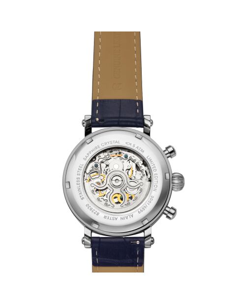zilver/blauw automatisch horloge van skeletleer