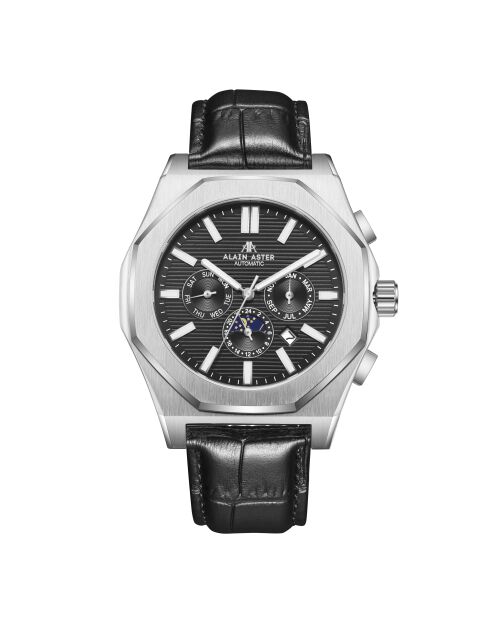 Reloj automático de piel Fortress plateado/negro
