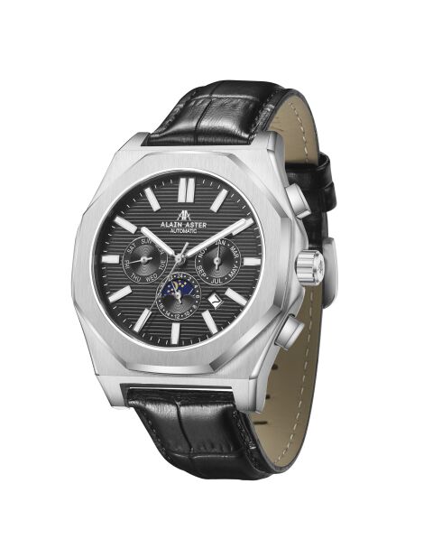 Reloj automático de piel Fortress plateado/negro