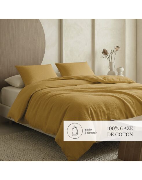 Parure housse de couette gaze de coton Uni jaunes 04