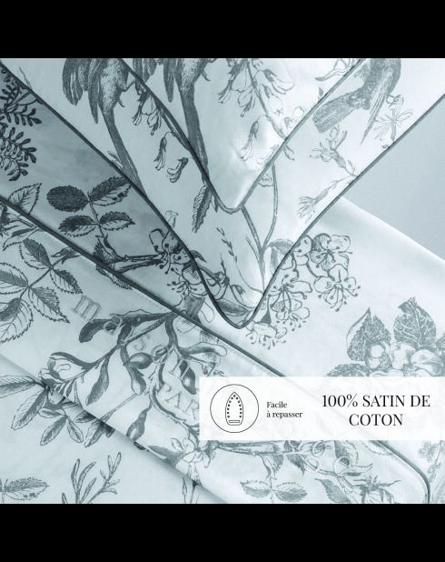 Parure petit drap plat + drap housse + taies rectangles satin de coton Colibri floral noir et gris