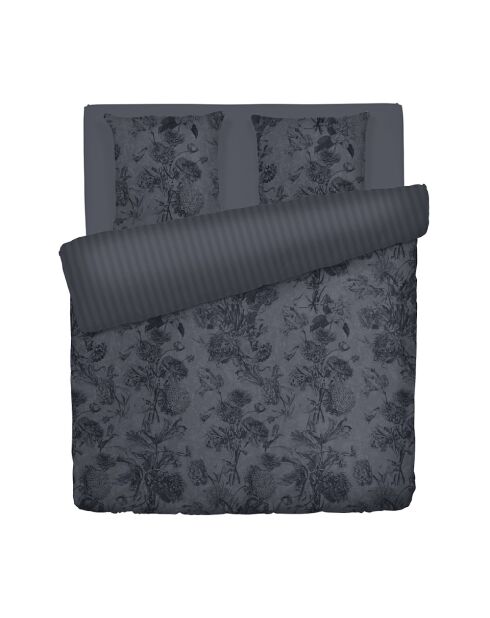 Parure housse de couette satin de coton Jardin Botanique noir/gris