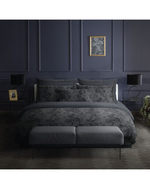 Parure housse de couette satin de coton Jardin Botanique noir/gris
