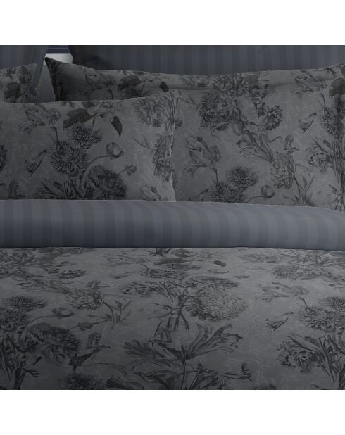 Parure housse de couette satin de coton Jardin Botanique noir/gris