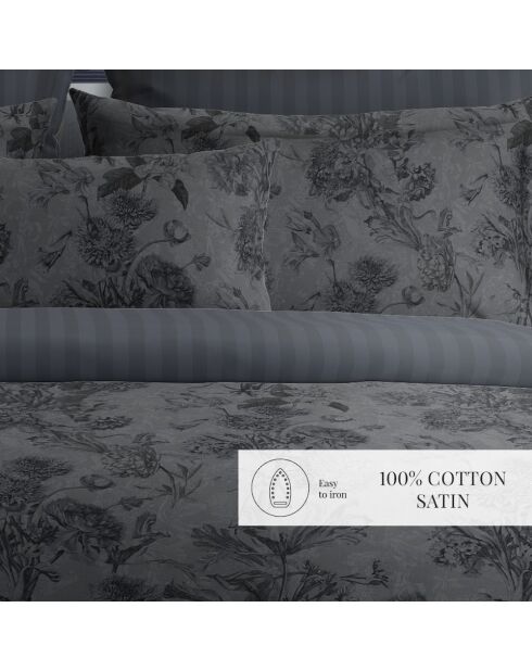 Parure housse de couette satin de coton Jardin Botanique noir/gris
