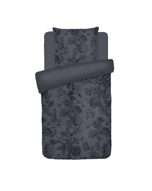 Parure housse de couette satin de coton Jardin Botanique noir/gris