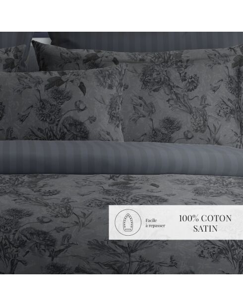 Parure housse de couette satin de coton Jardin Botanique noir/gris