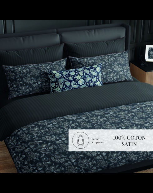 Parure housse de couette satin de coton Toile damassée noires