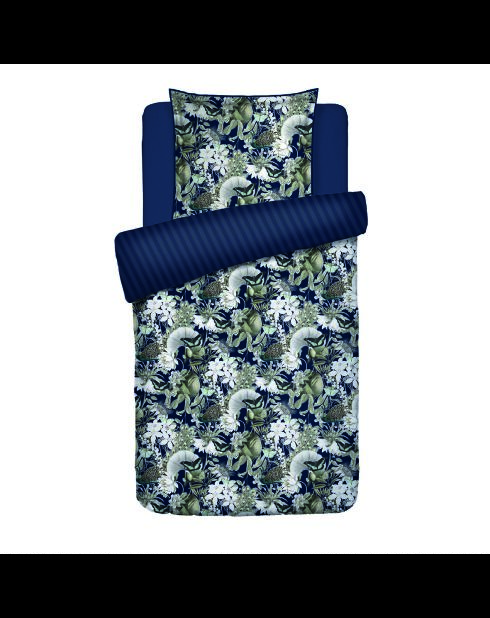 Dunkelblaues Bettbezug-Set aus Baumwollsatin mit Verzierung von Jardin