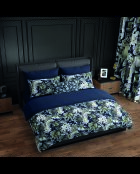 Dunkelblaues Bettbezug-Set aus Baumwollsatin mit Verzierung von Jardin