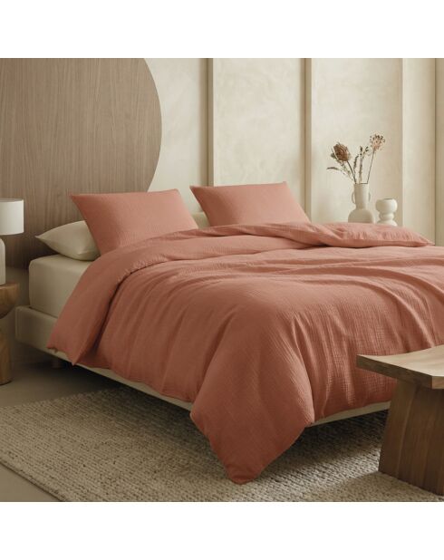 Parure housse de couette gaze de coton Uni terracotta 02