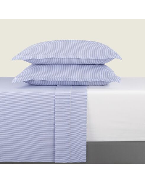 Parure drap plat + drap housse + taies rectangles coton percale Dauphine bleu clair