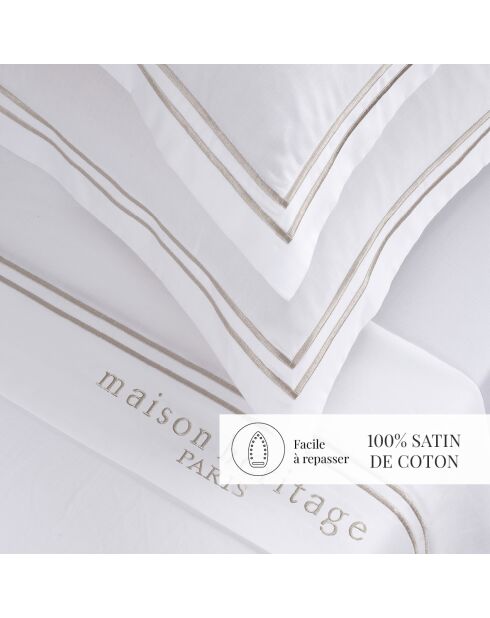 Set maxi de sábana encimera, sábana bajera y fundas de almohada cuadradas, satén de algodón blanco y marrón parís