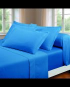 Parure petit drap plat + drap housse + taies rectangles satin de coton uni bleu 05