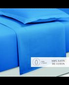 Parure petit drap plat + drap housse + taies rectangles satin de coton uni bleu 05