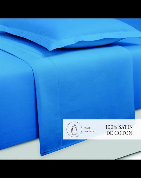 Parure petit drap plat + drap housse + taies rectangles satin de coton uni bleu 05